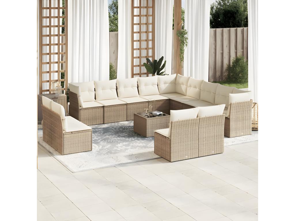 14-piece garden furniture set with cushions, beige wicker resin 03543FGOW