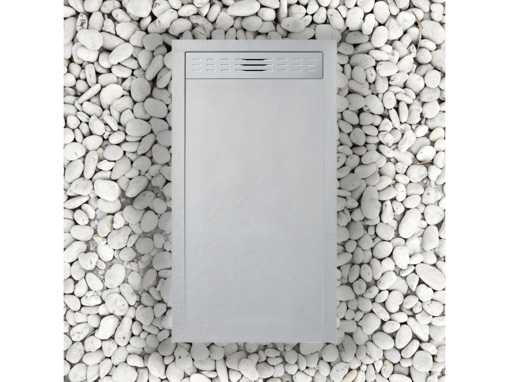 90x135 cm shower tray with side grate, Nidchicshop grey, Nidchicshop 7035, made of synthetic resin and marble powder, with drain 13526PWPM