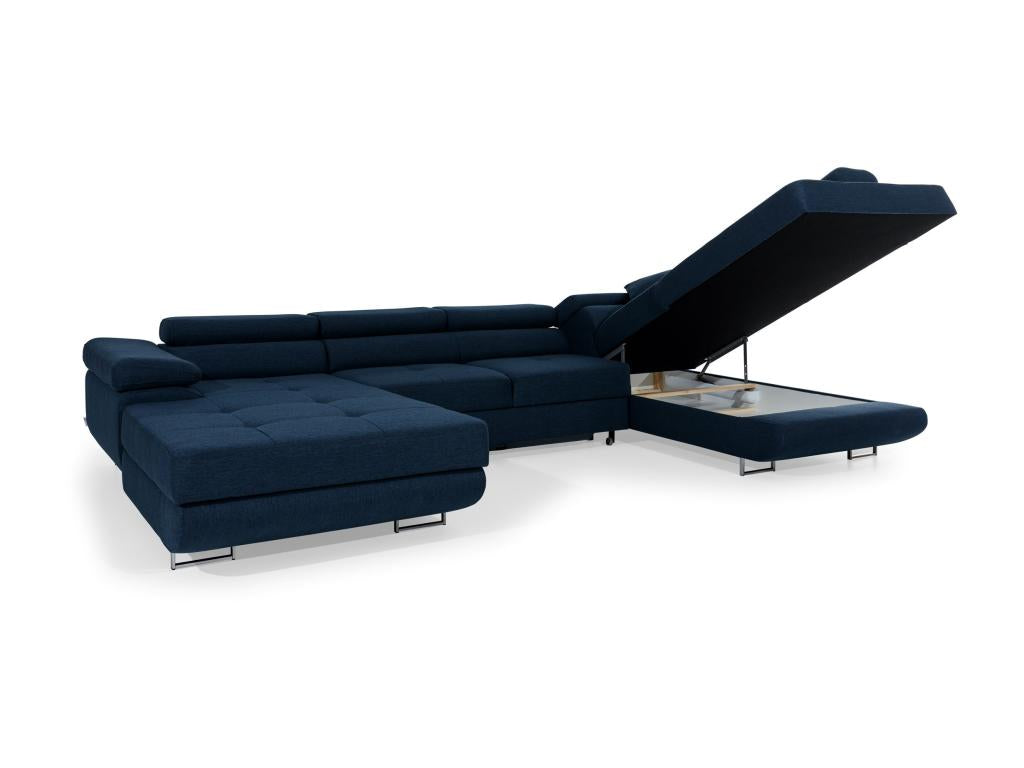 Nidchicshop 345cm panoramic sofa bed in black fabric and white faux leather with storage compartment - Storage compartment on the right 11428CXTF