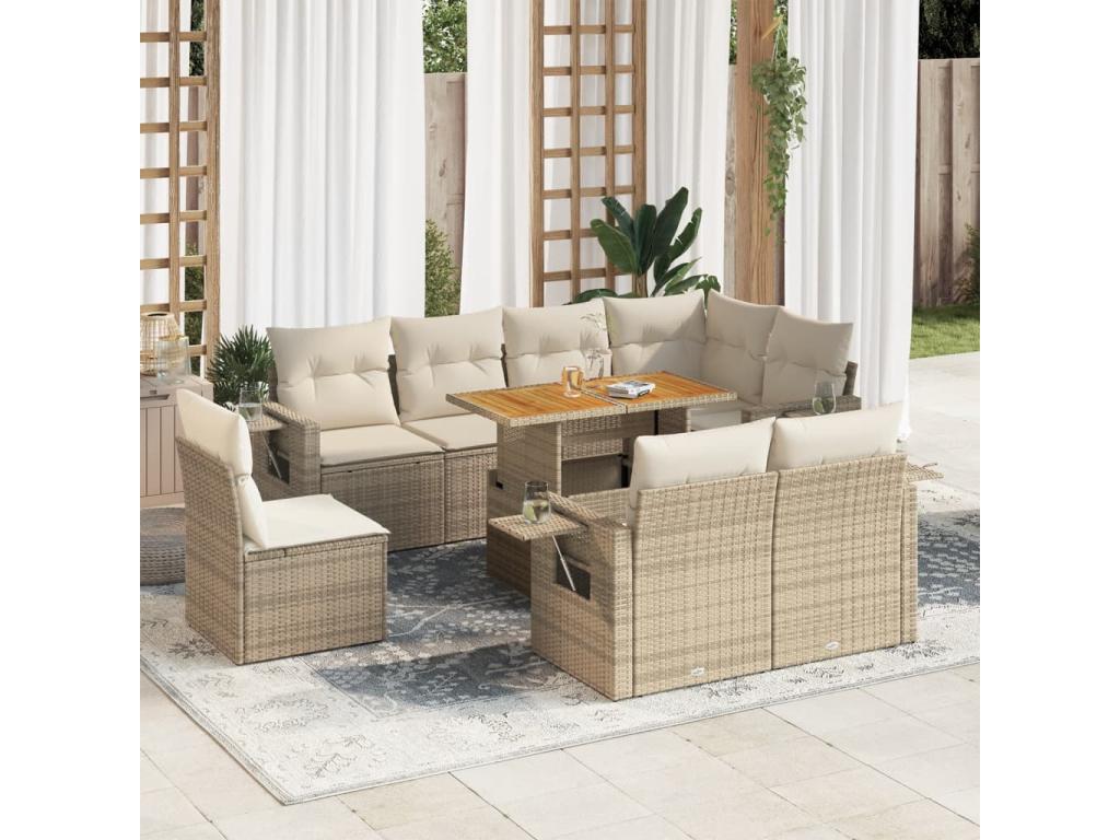 9-piece garden furniture set with cushions, beige woven resin, 28065OEMD