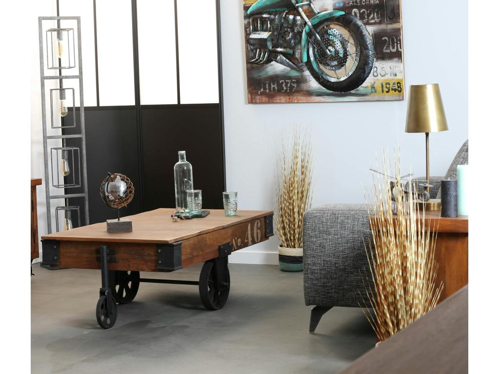 Vintage industrial coffee table made from recycled wood with wheels, Calmetop 19412DCKS