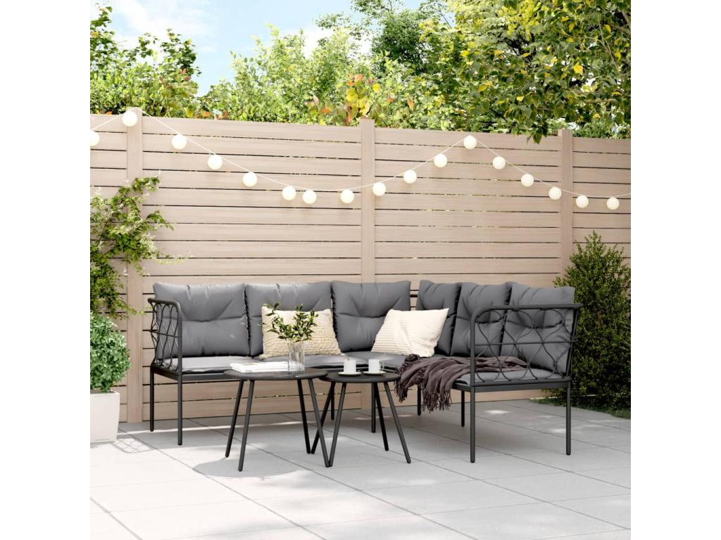 Garden sofa and cushion set, black steel and textilene, 76429CCLW