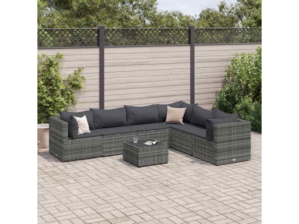 7-piece garden furniture set with cushions, grey woven resin, 41643XWEA