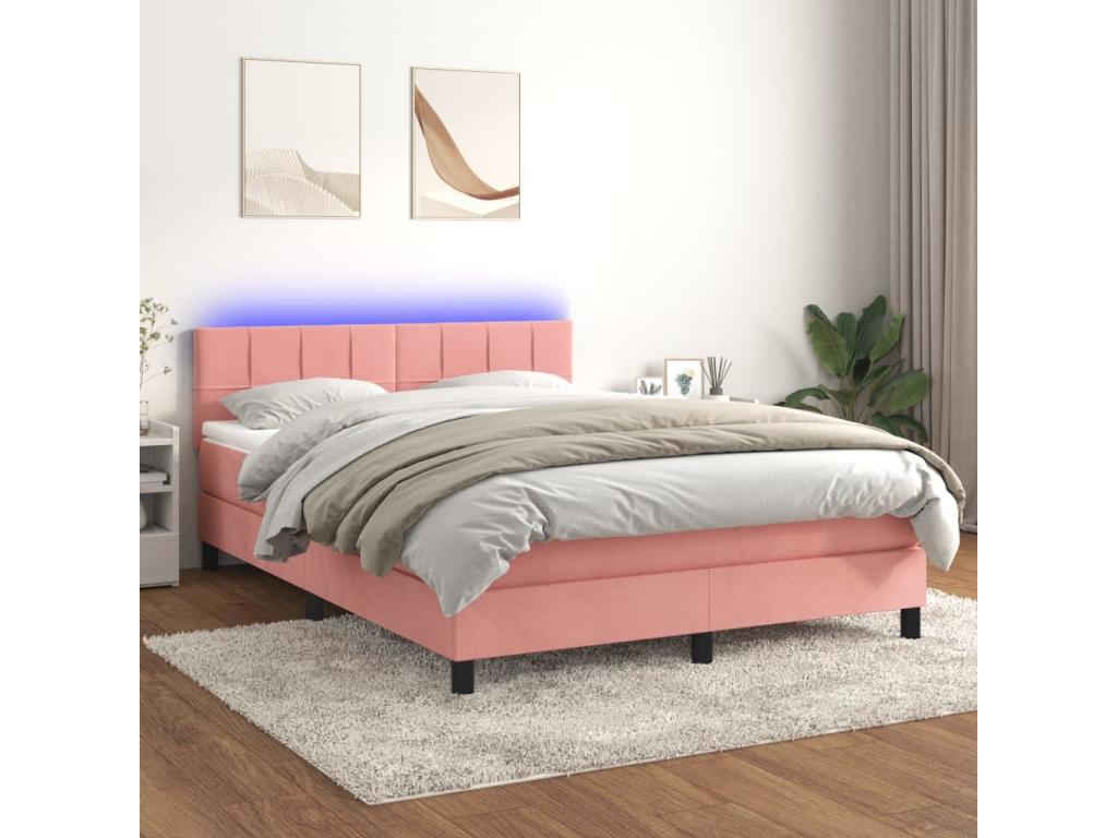 Upholstered bed base with mattress and LED light, Pink, 140x200 cm, Velvet, 33010QYCP