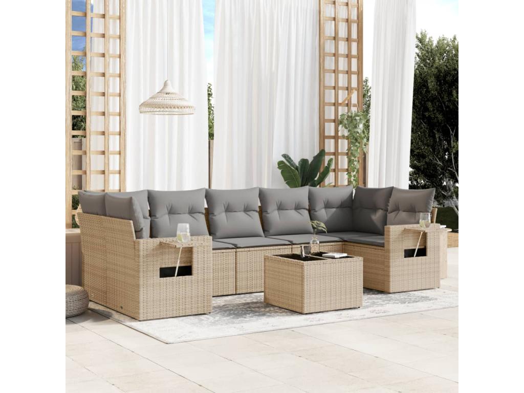 8-piece garden furniture set with cushions, beige woven resin, 86461TIUN