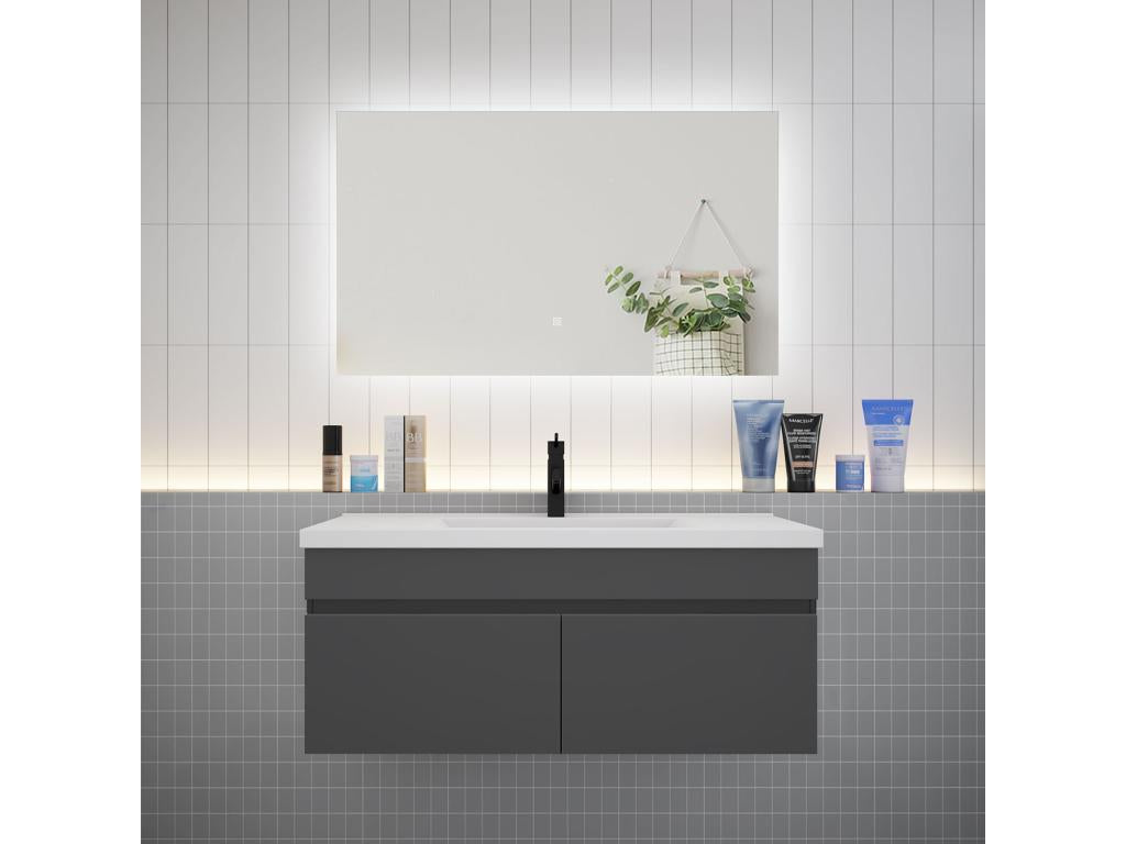Vanity unit set, 100cm wide, with LED washbasin and 100cm mirror, anthracite, 94706RIAQ