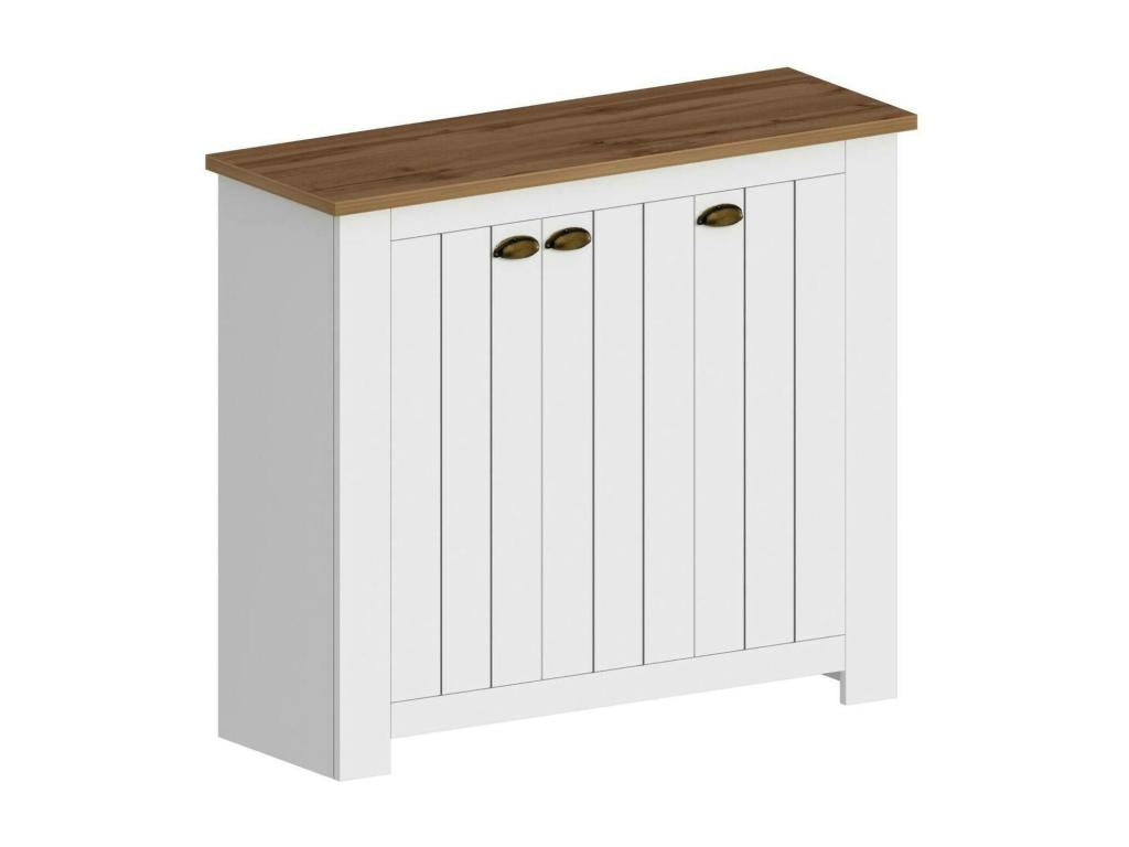 Calmetop Shoe Rack, Space-Saving Shoe Cabinet with 3 Doors, Multifunctional Entryway Cabinet, 114x42x100 cm, White and Oak, 06445UXIH