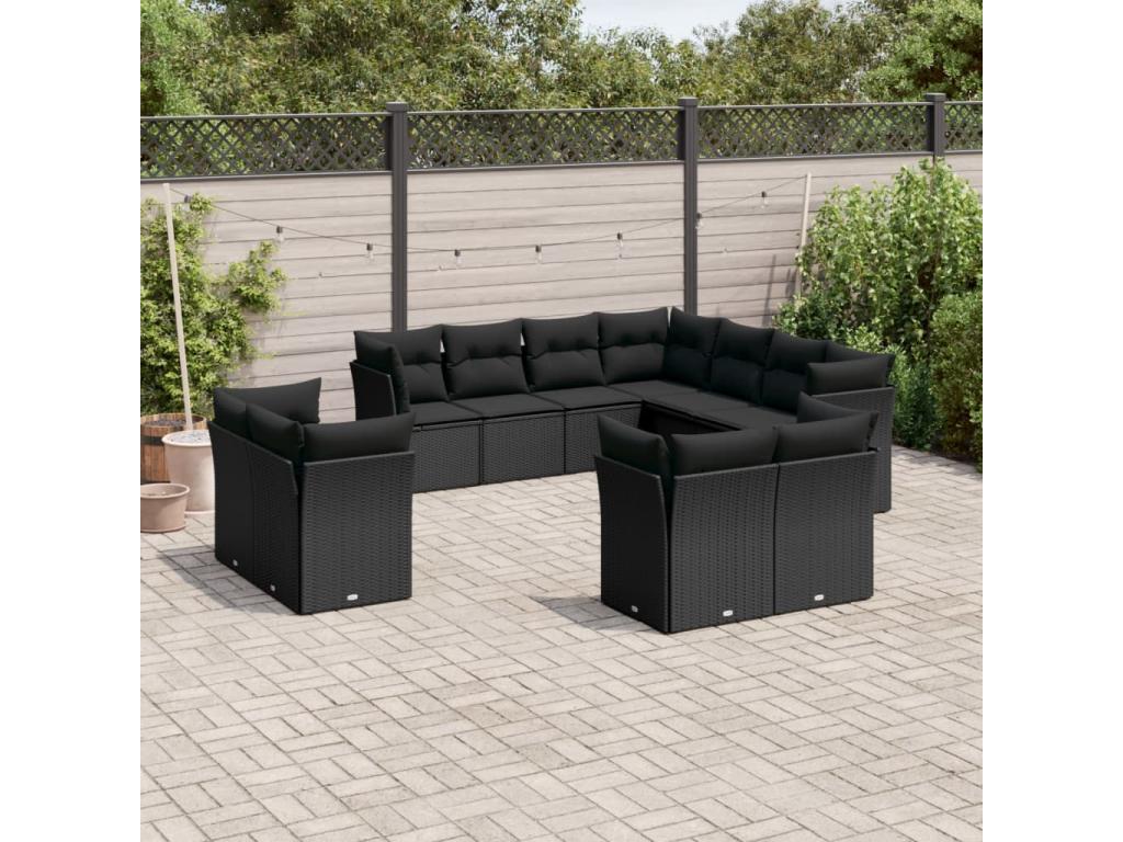 11-piece garden furniture set with cushions, black resin wicker, 69153WHTH