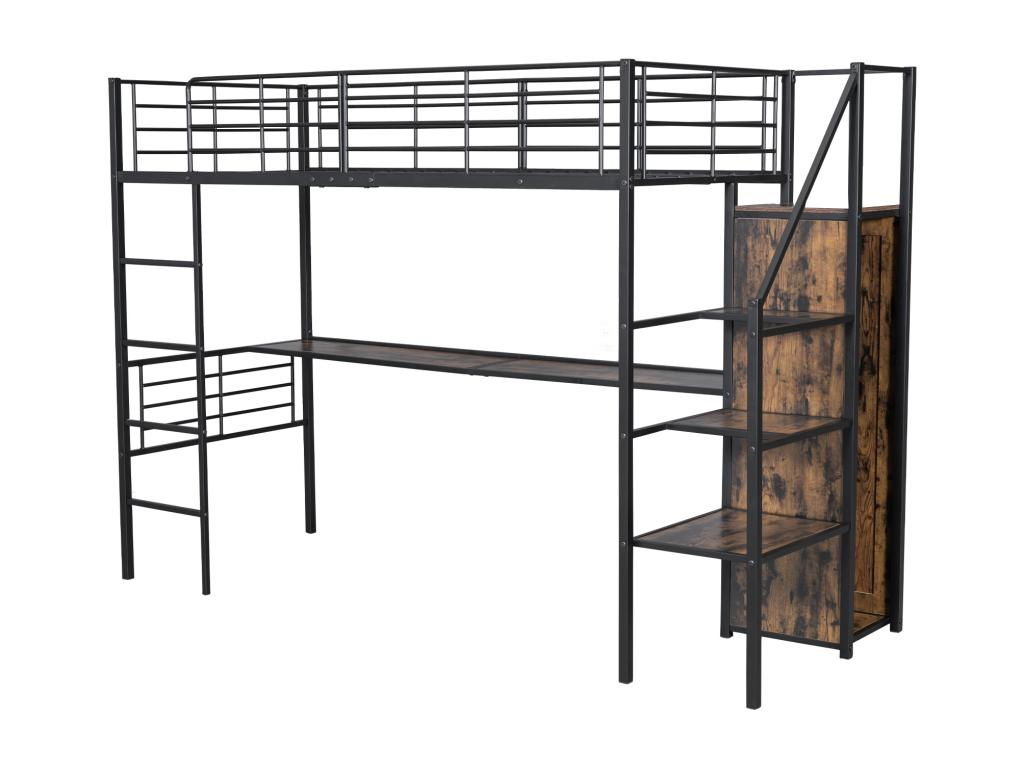 Single loft bed with desk, wood-effect finish, shelf and wardrobe, 90x200cm, mattress not included, Calmetop 54582BJOM