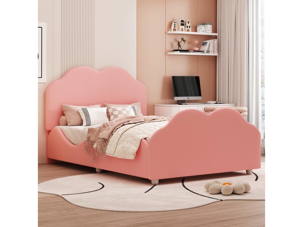 Single bed 90x200cm children's bed with Calmetop slatted base and cloud-shaped headboard and footboard, pink velvet bed 27026XQOR