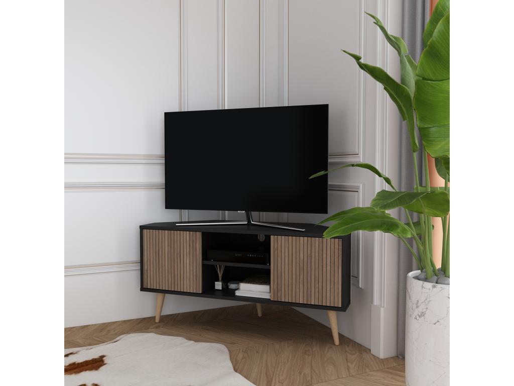 Nidchicshop 120cm Corner TV Unit with 2 Cabinets and Open Shelves, Black and Effect, Nidchicshop 72633NHFO