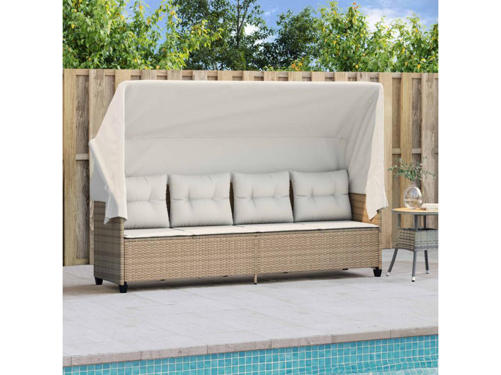 Chaise longue with canopy and cushions, beige woven resin, 10142HRLL