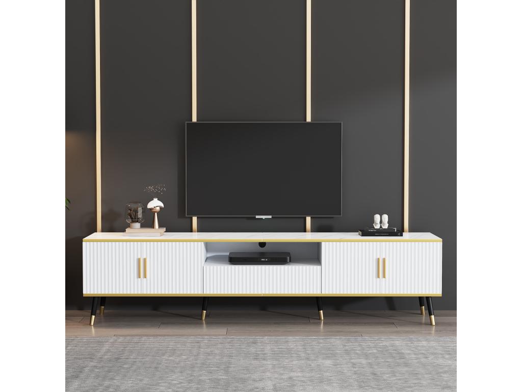 200cm TV unit with 4 doors and 1 drawer - Marble effect tops - Particleboard - White 37516AKNZ