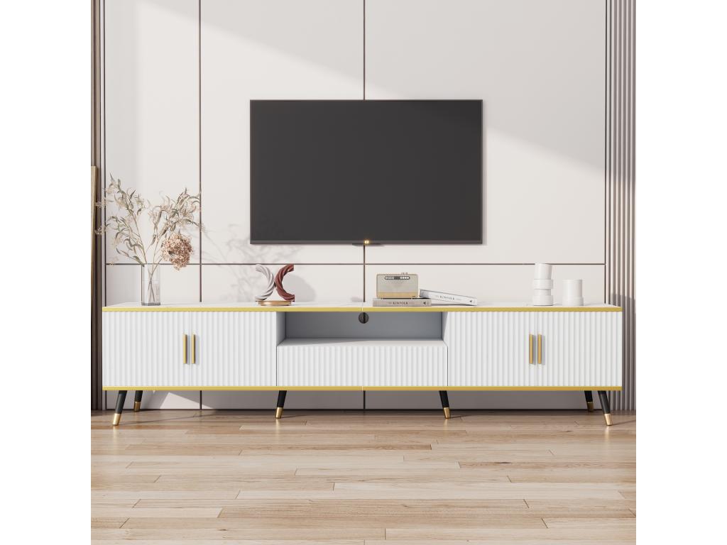 200cm TV unit with 4 doors and 1 drawer - Marble effect tops - Particleboard - White 37516AKNZ