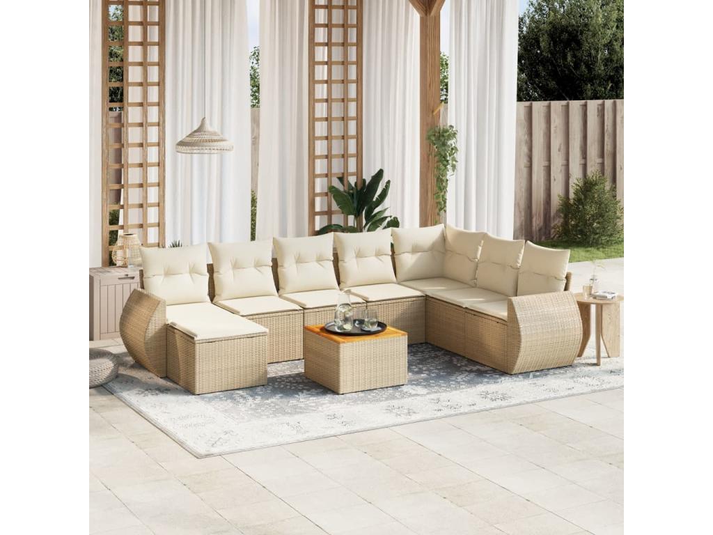 9-piece garden furniture set with cushions, beige woven resin, 16576AAEP
