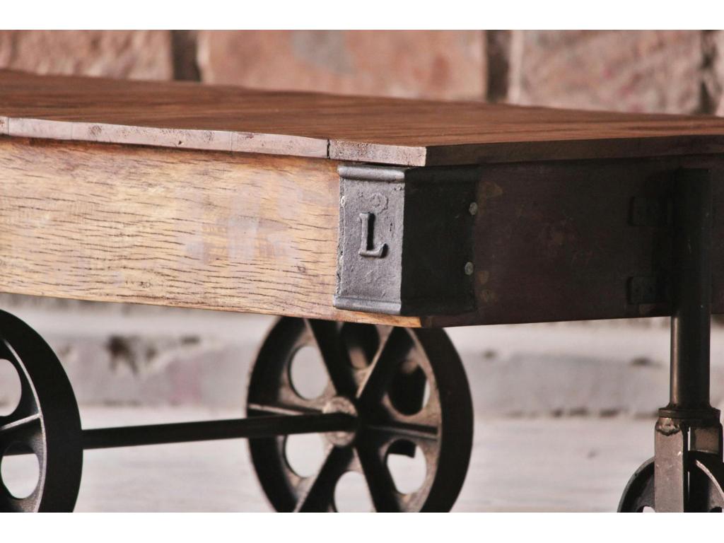 Vintage industrial coffee table made from recycled wood with wheels, Calmetop 19412DCKS
