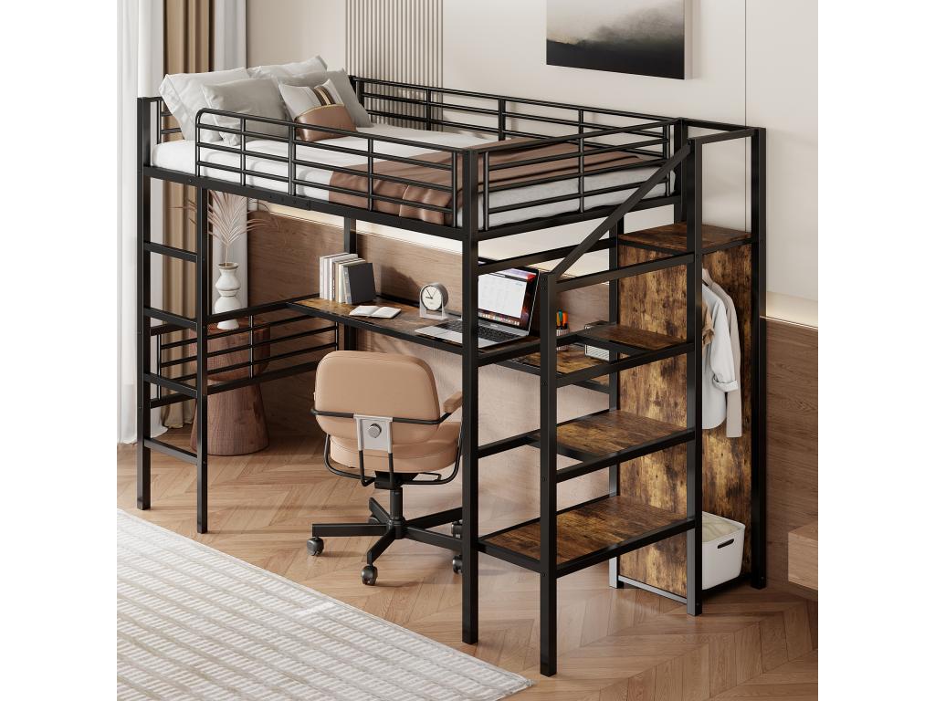 Single loft bed with desk, wood-effect finish, shelf and wardrobe, 90x200cm, mattress not included, Calmetop 54582BJOM