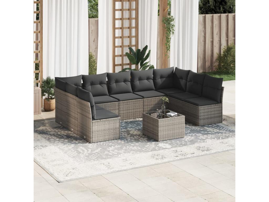10-piece garden furniture set with cushions, grey woven resin 01655DAFY