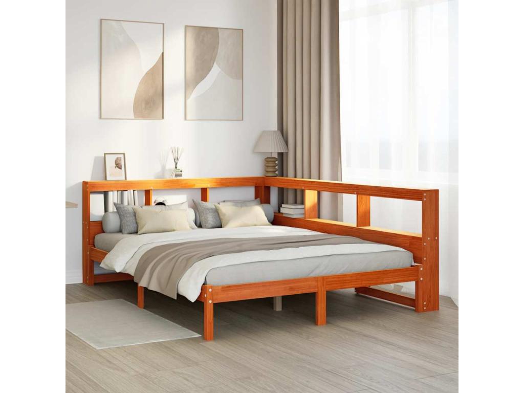 Bookshelf bed without mattress, brown wax finish, 140x200 cm, solid pine, 46126HISD