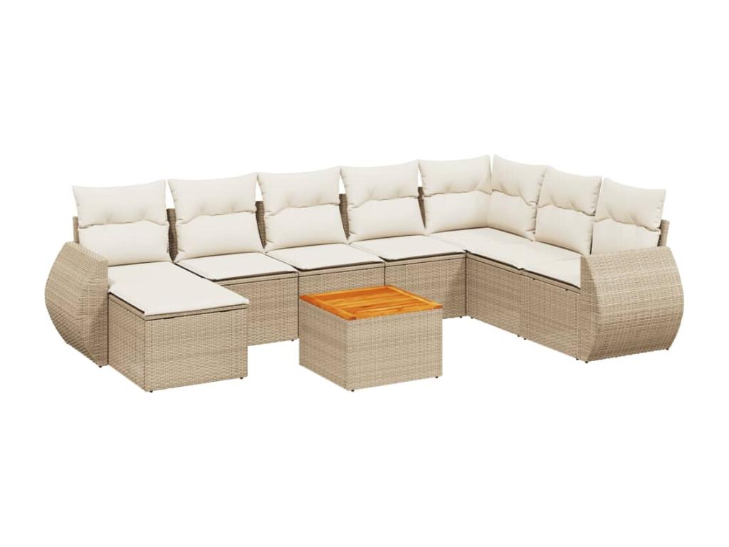9-piece garden furniture set with cushions, beige woven resin, 16576AAEP