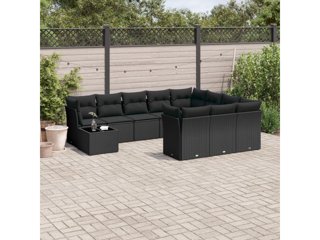 11-piece garden furniture set with cushions, black resin wicker, 36817RBQY