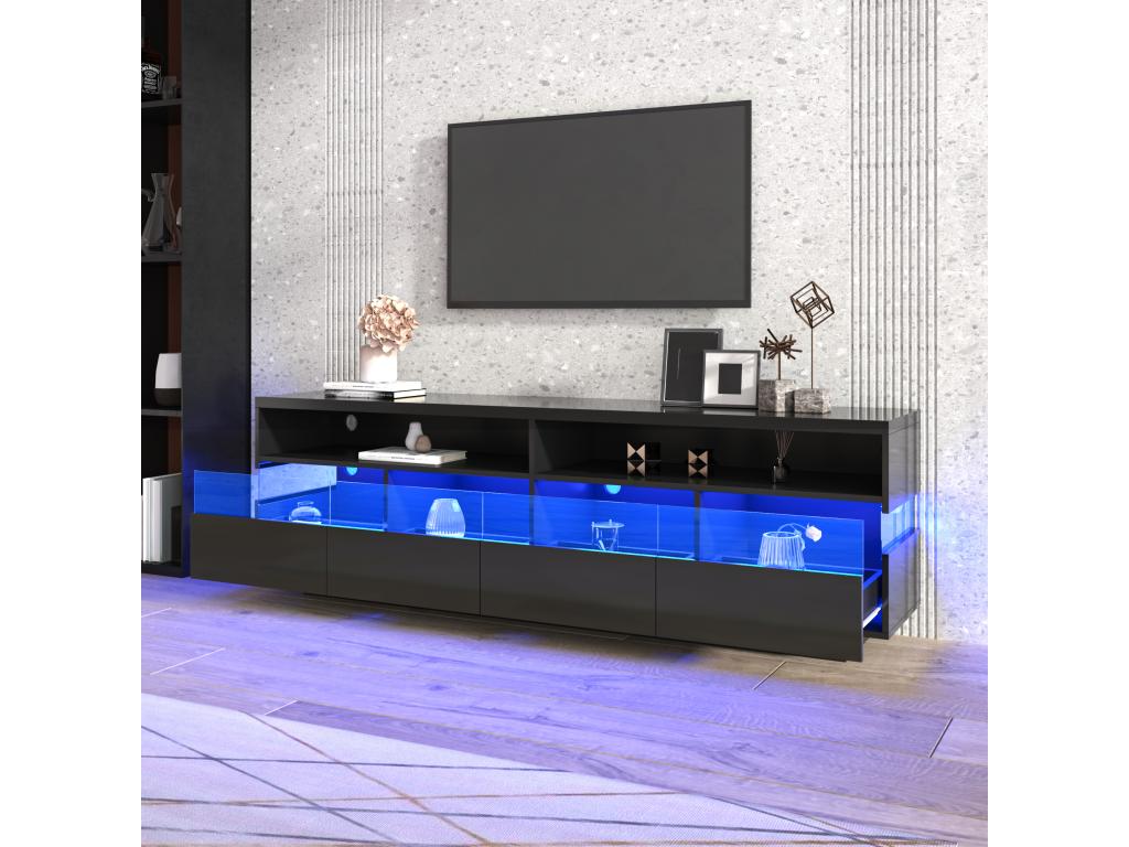 High-gloss TV stand with 4 drawers and 2 compartments - 173.5x55x38 cm - LEDs - Particleboard - Black 34373YSKY