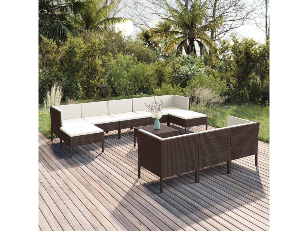 11-piece garden furniture set with cushions, brown wicker resin, 39192ZHWN