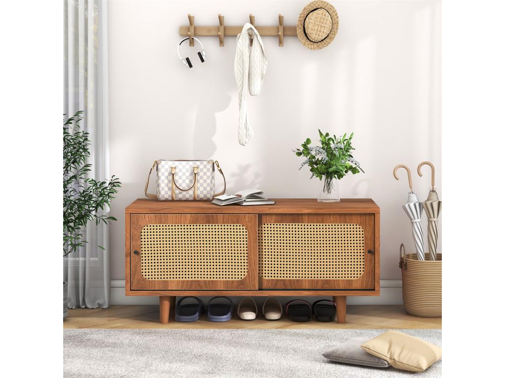 Rattan shoe cabinet with adjustable shelves, walnut finish, 104x40x48 cm, 27066NHFU