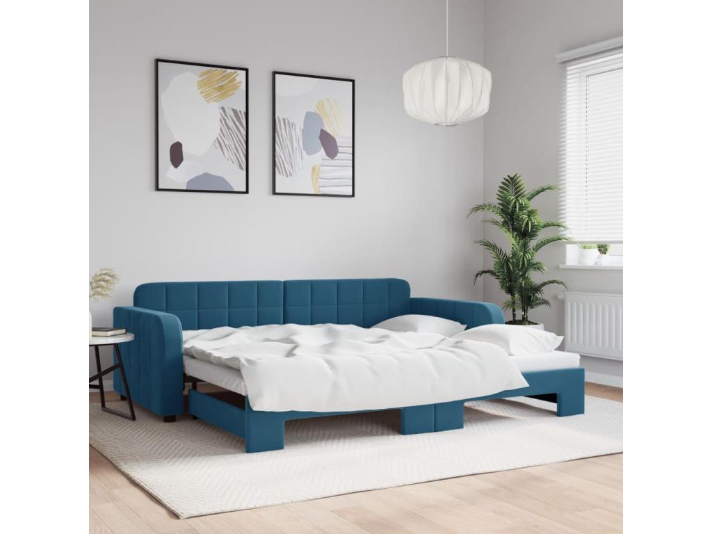 Daybed with pull-out bed, blue velvet, 90x200 cm, 86978CIJD
