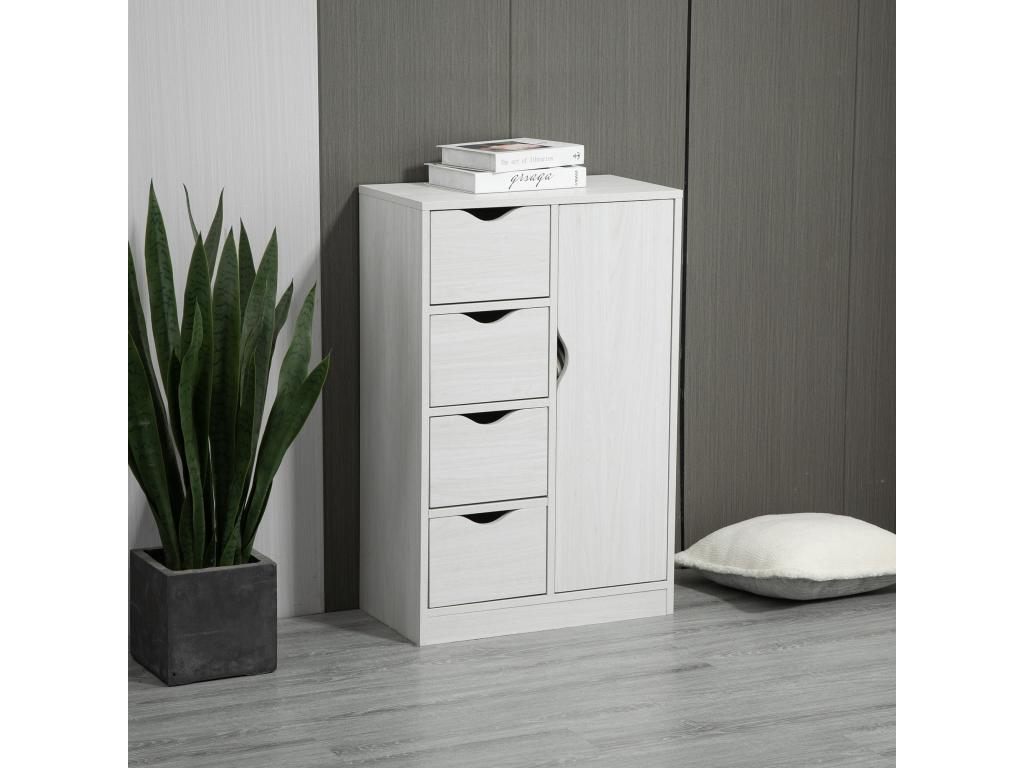 Modern storage unit with 1 door and 4 drawers - white particleboard with wood grain finish 07954TDQL