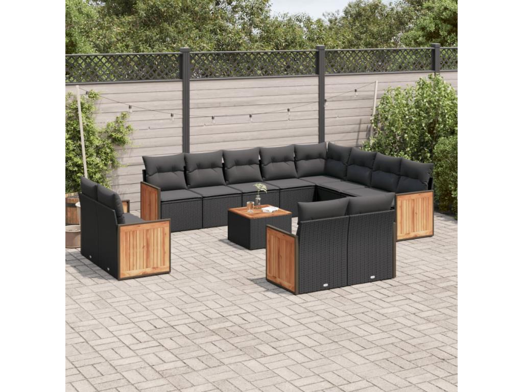 13-piece garden furniture set with cushions, black woven resin, 30407GNPF