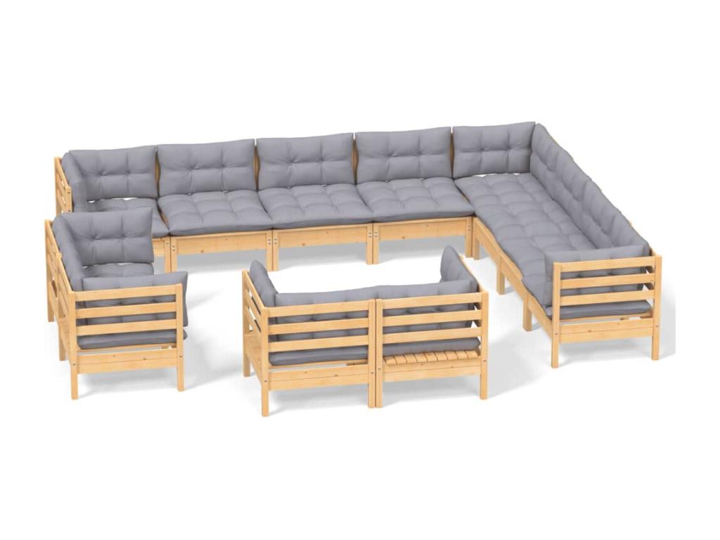 12-piece garden furniture set with grey cushions, solid pine wood, 27862FHIC