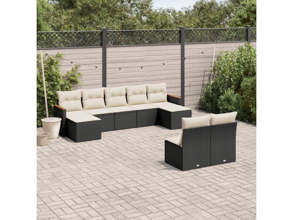 9-piece garden furniture set with cushions, black woven resin 76602IYUO